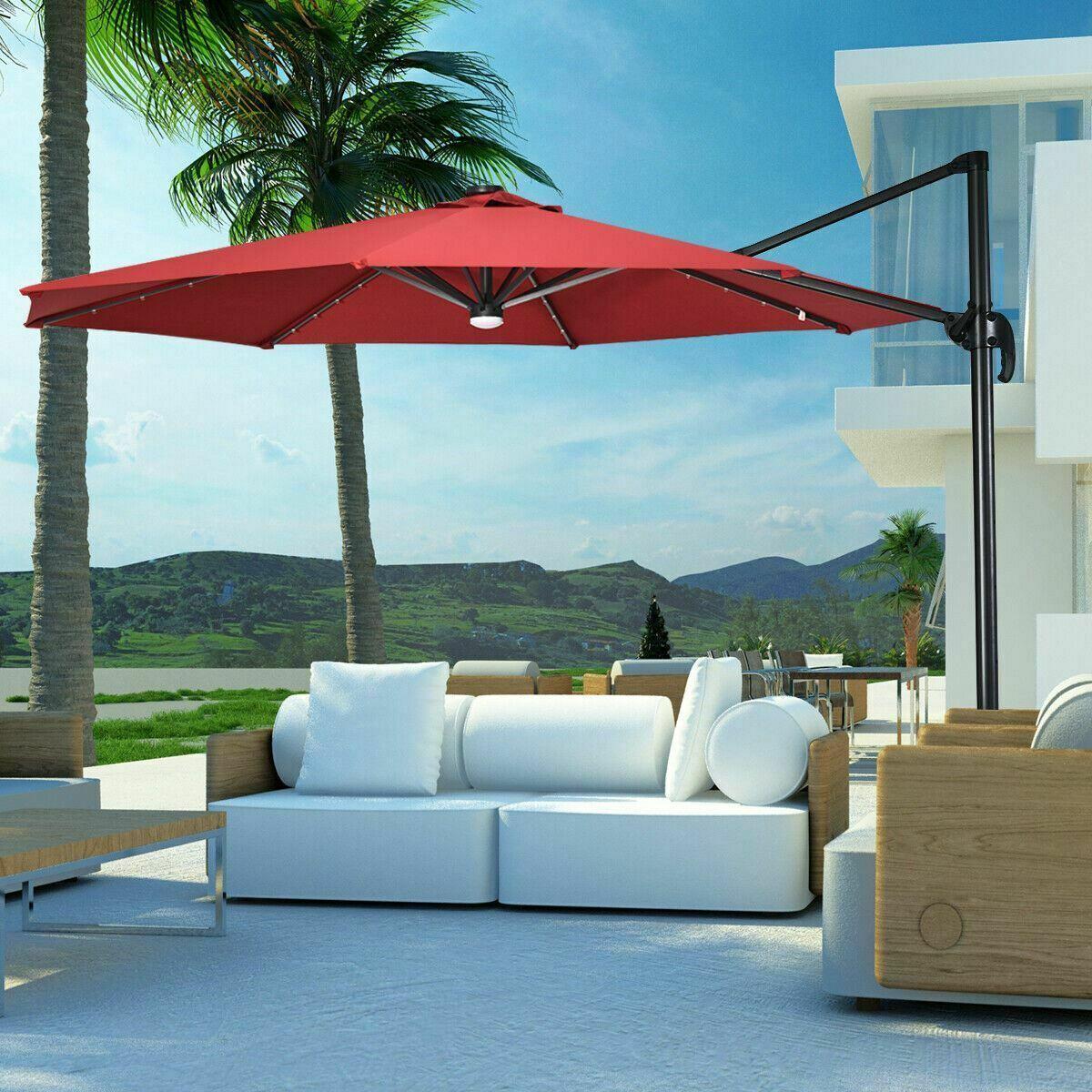 Durable 10 Ft Patio Offset Cantilever Umbrella w/Solar Lights-Wine