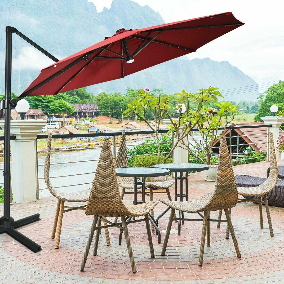 Durable 10 Ft Patio Offset Cantilever Umbrella w/Solar Lights-Wine