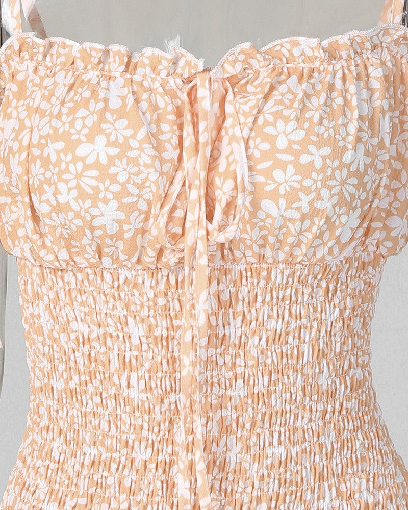 Floral Print Spaghetti Strap Shirring Dress
