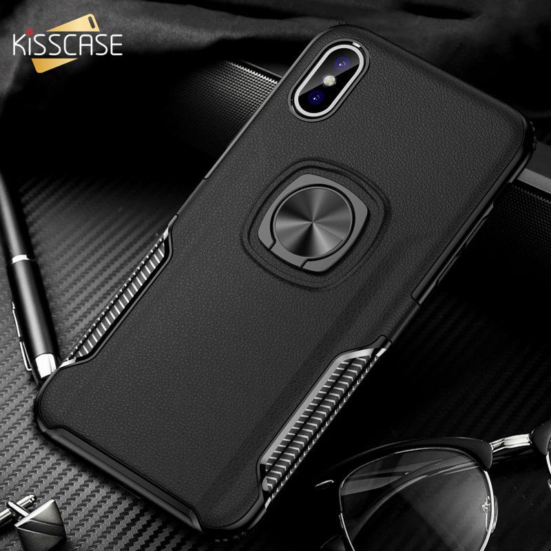Phone Case - Luxury Litchi Leather Metal Ring Holder Phone Case For iPhone XS/XR/XS Max 8/7 Plus