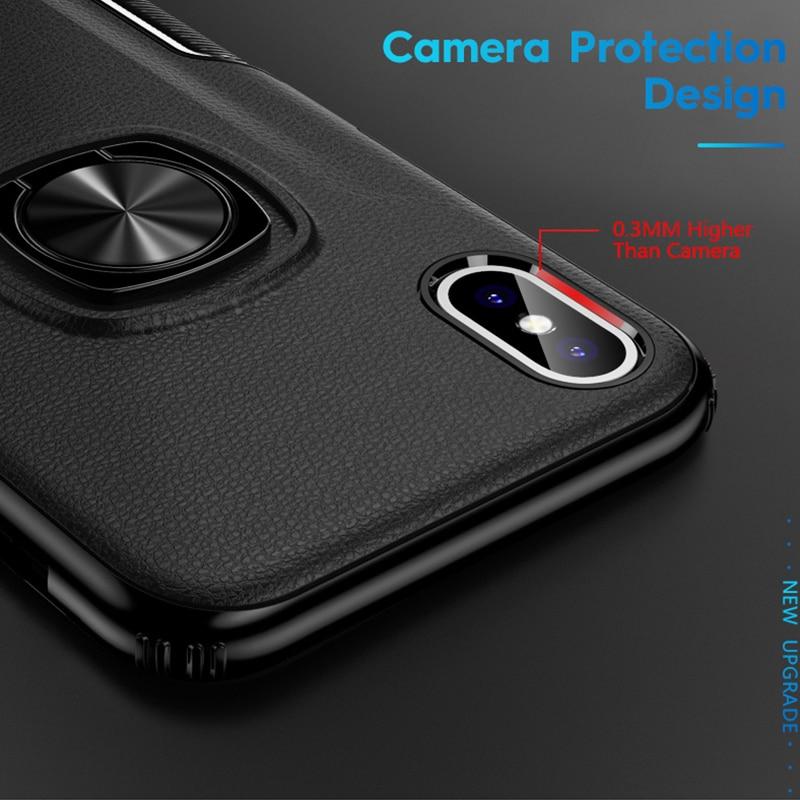 Phone Case - Luxury Litchi Leather Metal Ring Holder Phone Case For iPhone XS/XR/XS Max 8/7 Plus