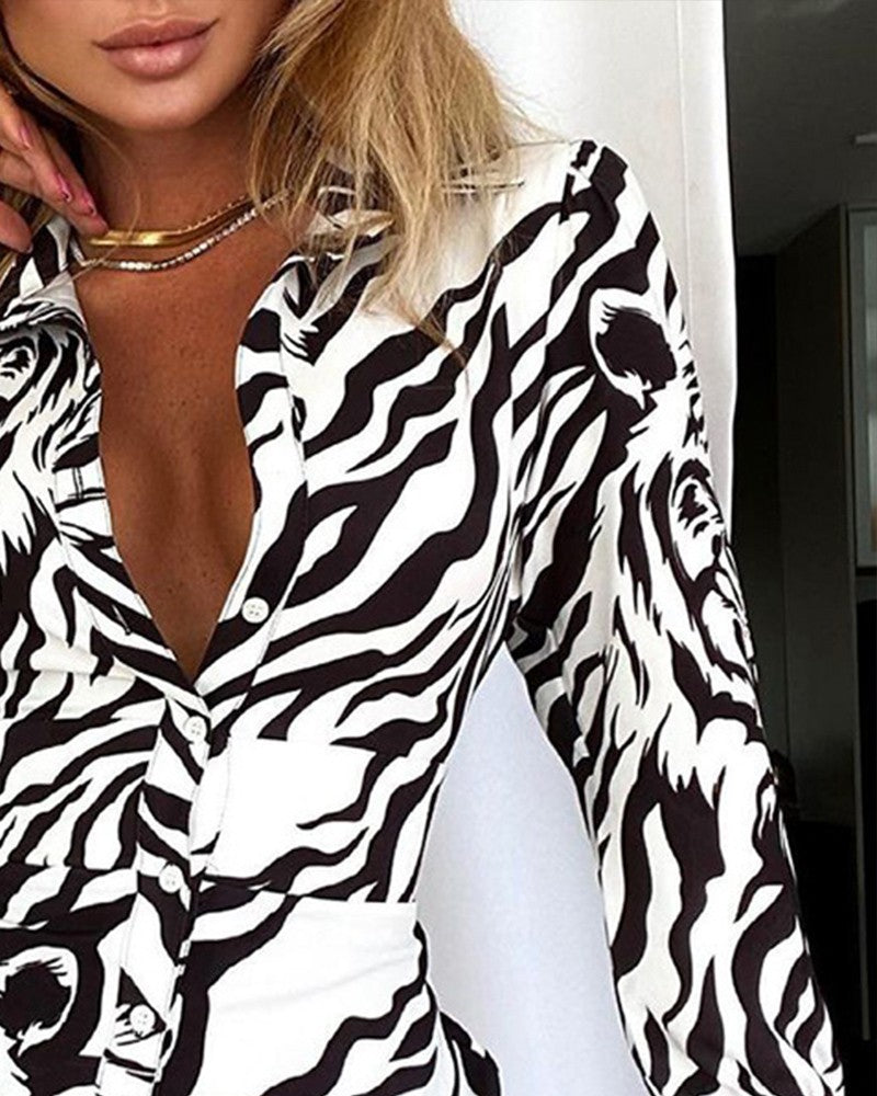 Long Sleeve Button Design Tiger Print Casual Shirt  Dress Slim Mini Shirt Dress