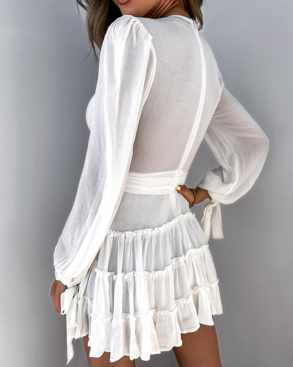 Lantern Sleeve Tied Cuff Frill Hem Dress