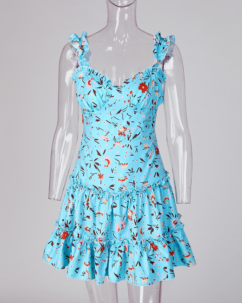 Floral Print Ruffle Trim Dress
