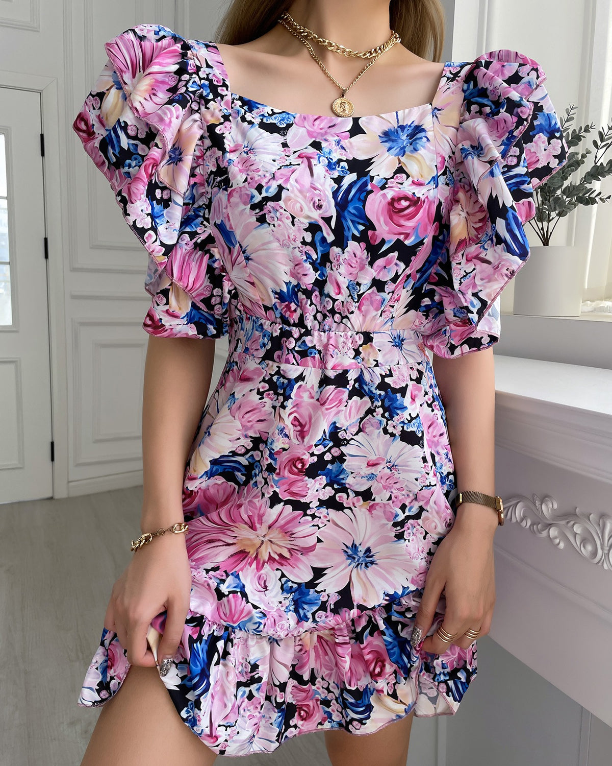 Floral Print Tied Detail Backless Ruched Dress