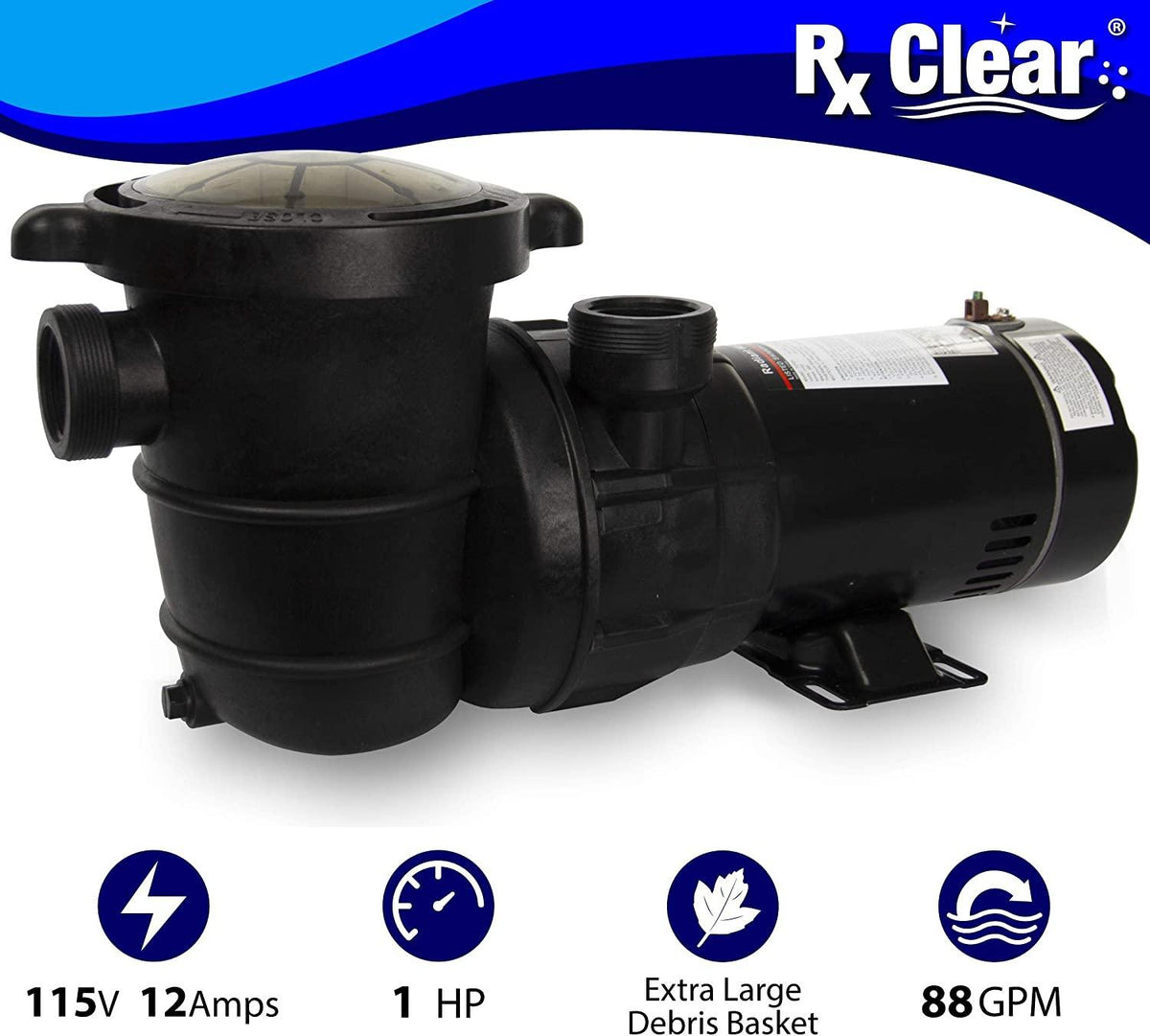 Rx Clear Extreme Force High Performance Pool Pump for Above Ground Swimming Pools | Single Speed | 1 HP Pump | 115V 12 Amps | Economically Smart Choice | 6-Foot Cord Included
