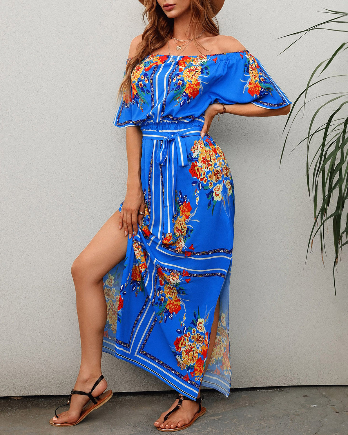 Off Shoulder High Slit Bell Sleeve Floral Print Maxi Dress