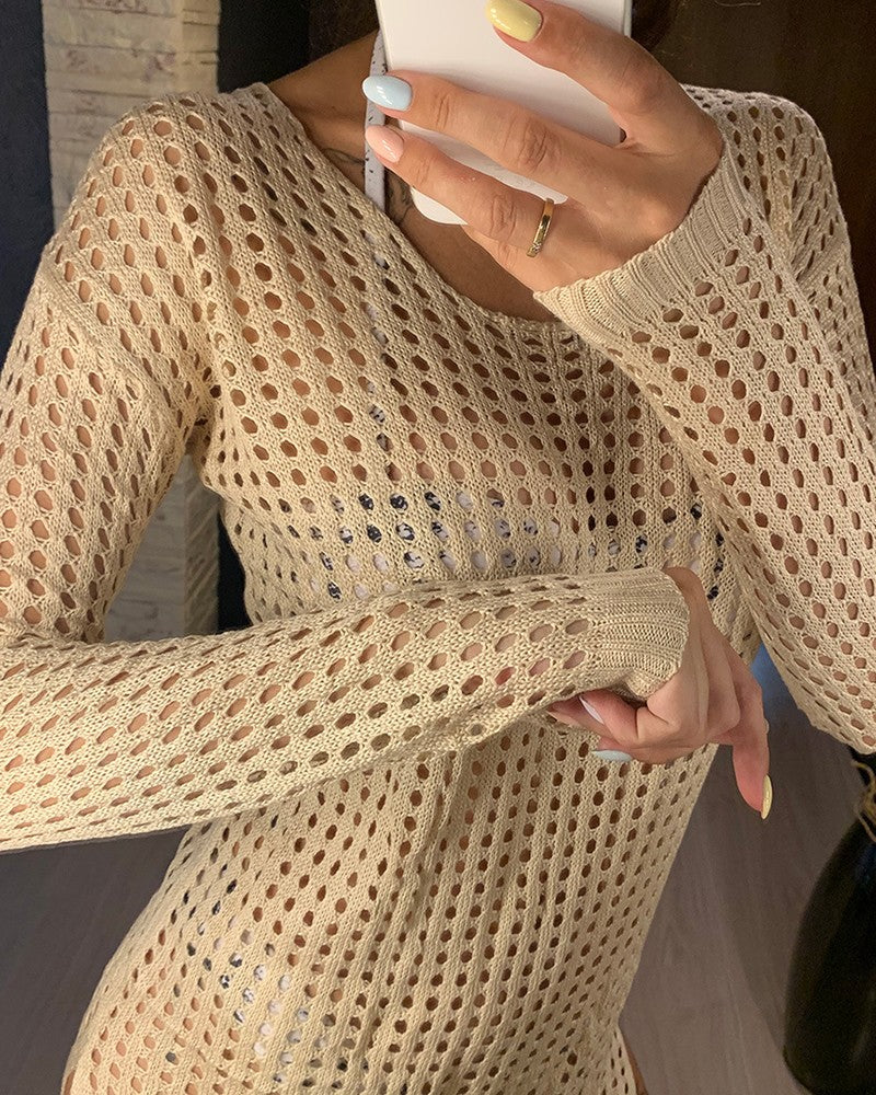 Long Sleeve Hollow Out Slit Cover Up Dress