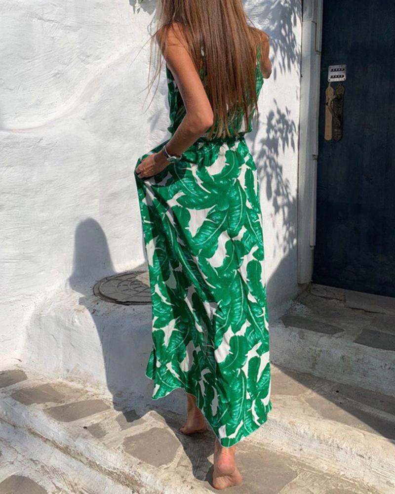 Leaf Print Tie Waist Midi Dress