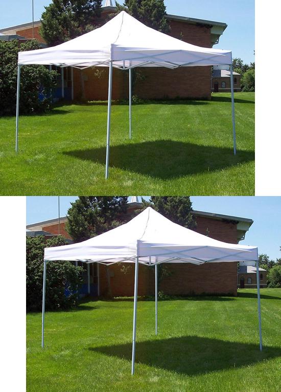 Two (2) white 10 x 10ft 4 leg 1 piece fabric top yard patio deck shade canopies