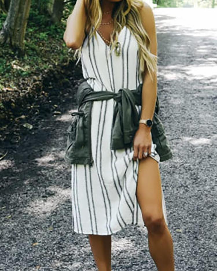 Deep V Striped Print Slit Side Casual Women Dress