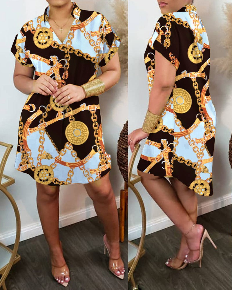 Chain Print Roll Up Sleeve Shirt Dress Casual Short Sleeve Loose Dress