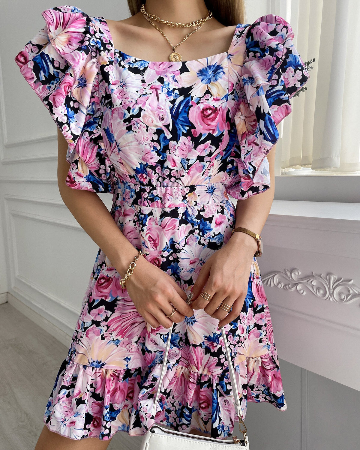 Floral Print Tied Detail Backless Ruched Dress