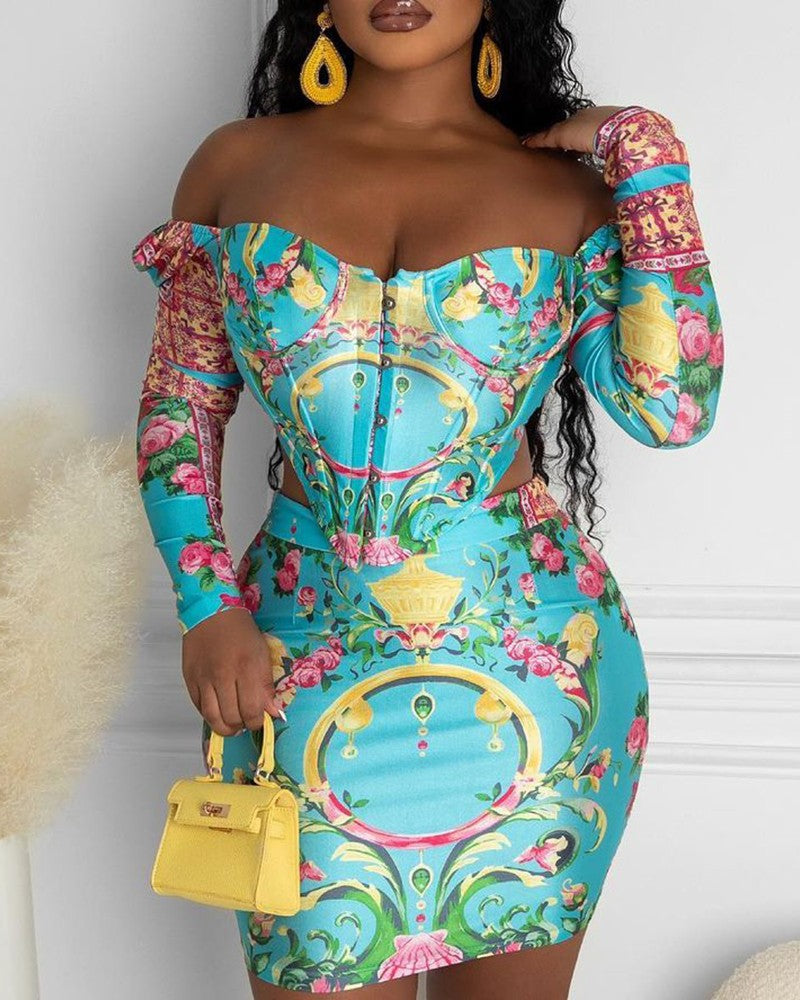 Off Shoulder Floral Print Corset Top & Skirt Set