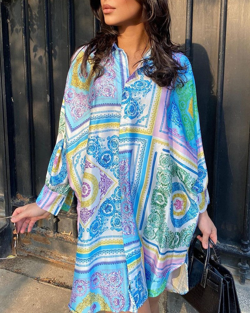 Scarf Print Long Sleeve Buttoned Shirt Dress