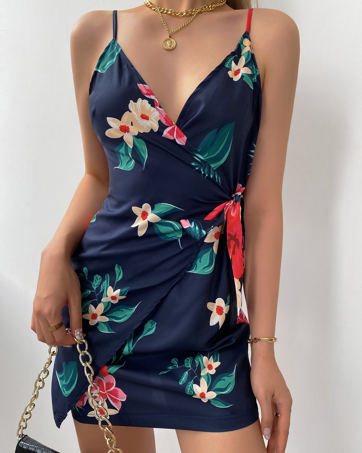 Floral Print V-Neck Wrap Tie Side Cami Dress