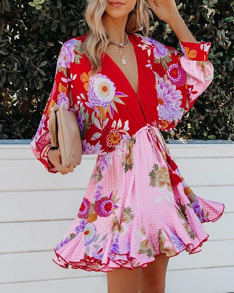 Floral Print Ruffles Hem Lantern Sleeve Casual Dress