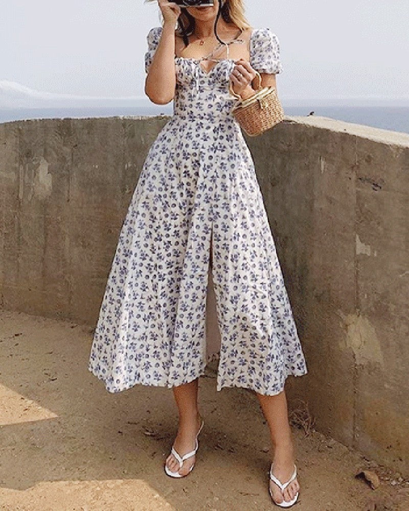 Floral Print High Slit Drawstring Puff Sleeve Dress