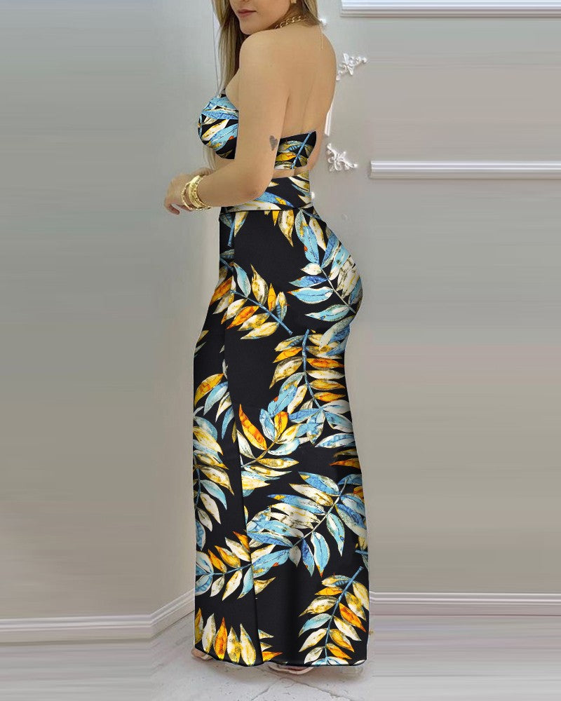 Tropical Print Bandeau Crop Top & Drawstring High Slit Skirt Sets