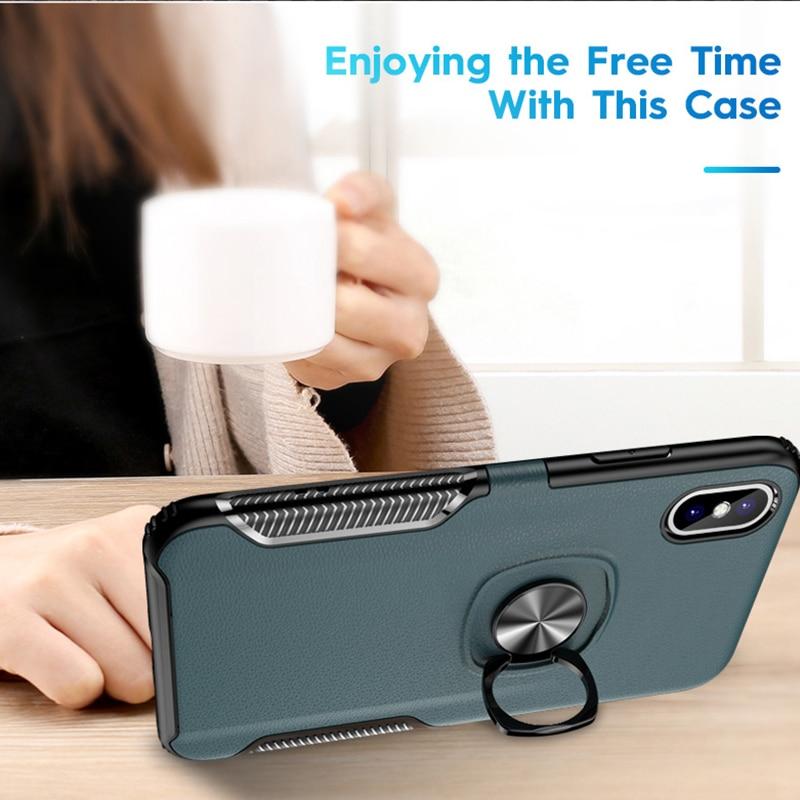 Phone Case - Luxury Litchi Leather Metal Ring Holder Phone Case For iPhone XS/XR/XS Max 8/7 Plus