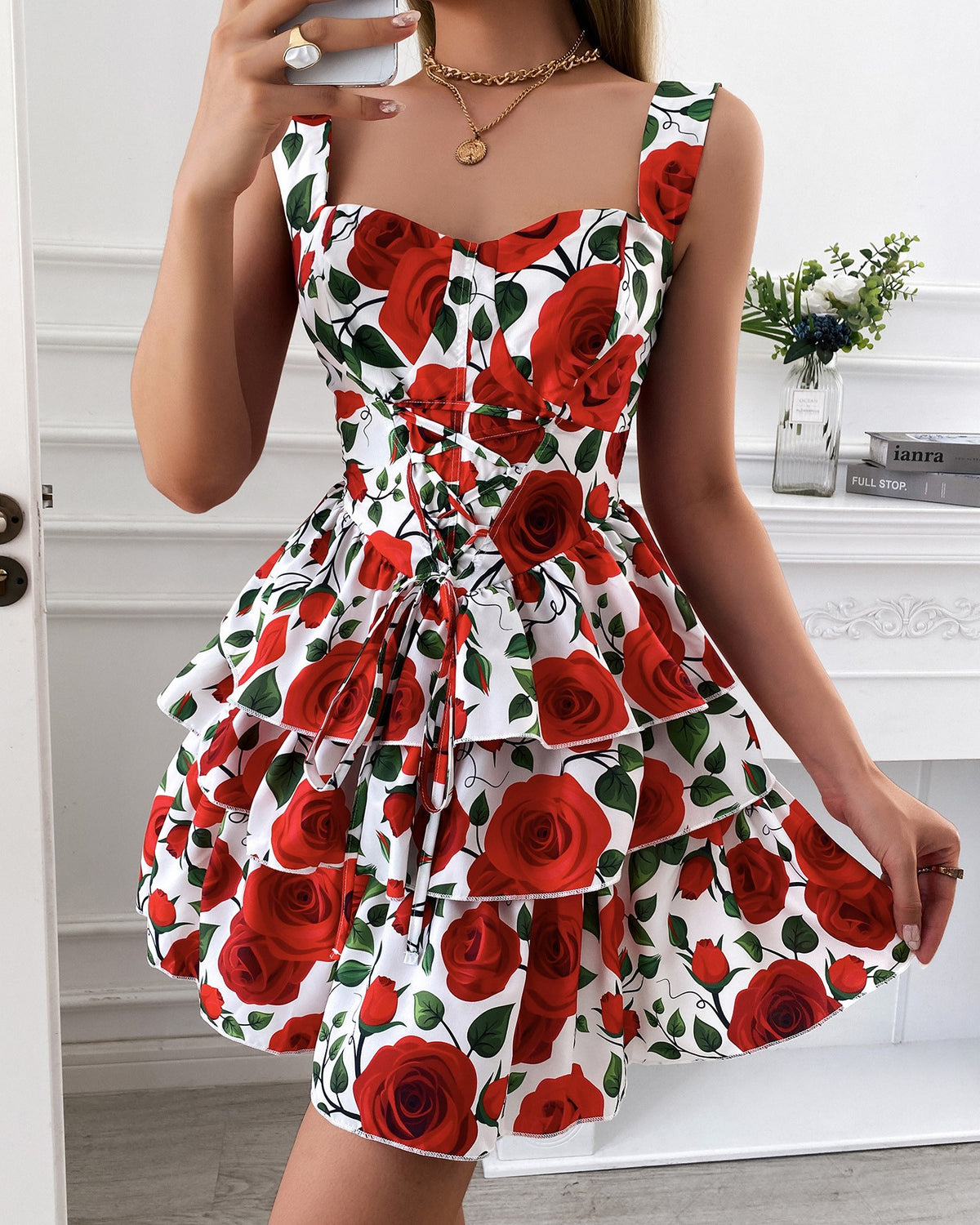 Layered Ruffles Lace-up Backless Floral Print Dress