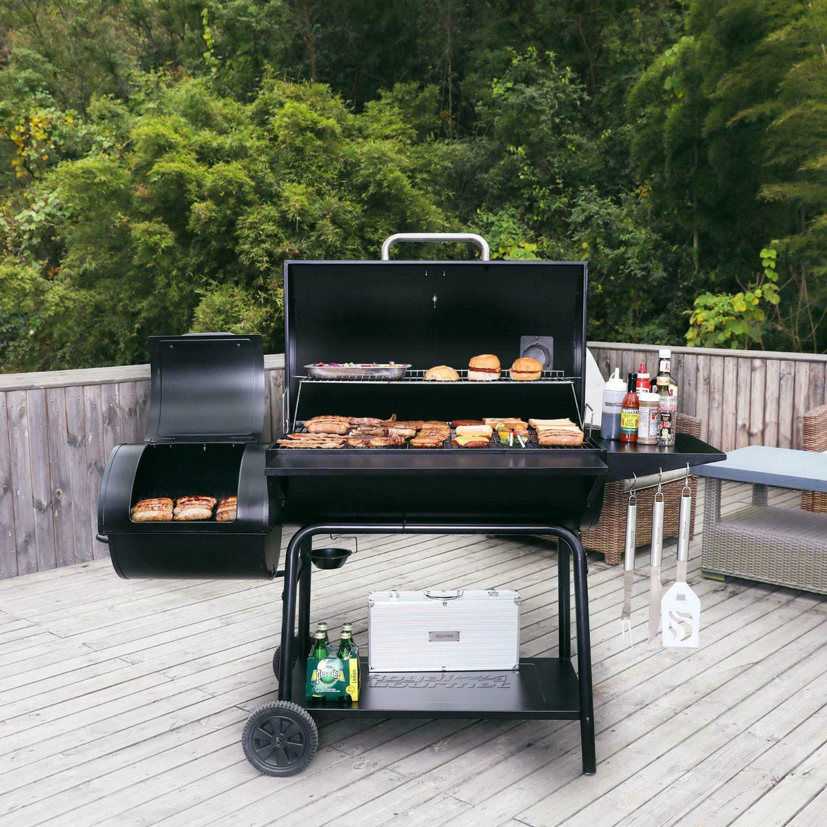 Charcoal Grill Barrel BBQ Smoker Combo Heavy Duty Steel Outdoor Party 1189 sq in