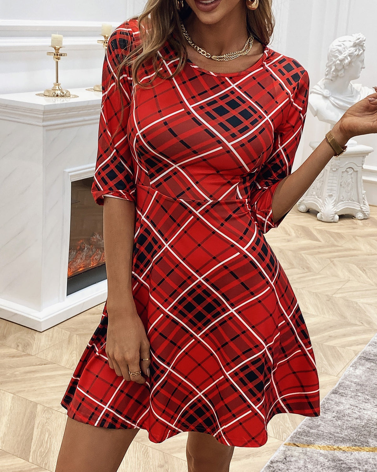 Half Sleeve Plaid Casual Flared Women Dress