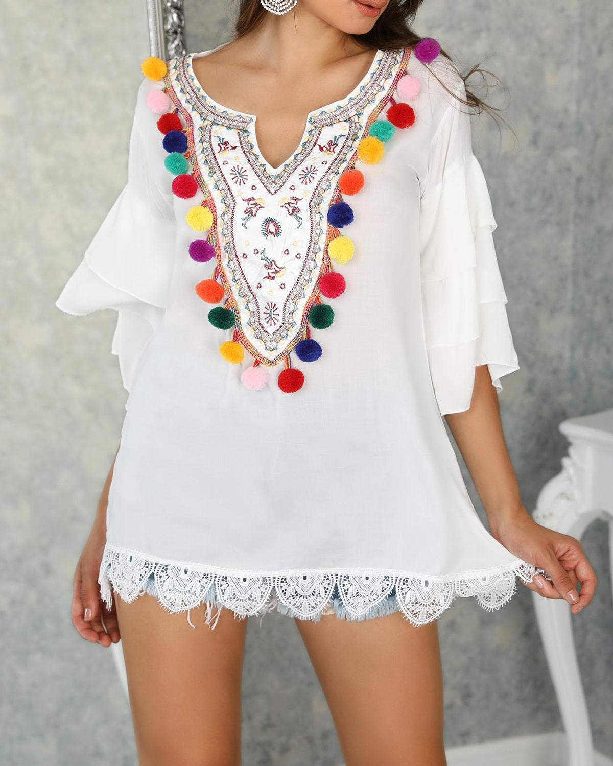 Ethnic Print Pom Poms Tiered Sleeve Casual Dress