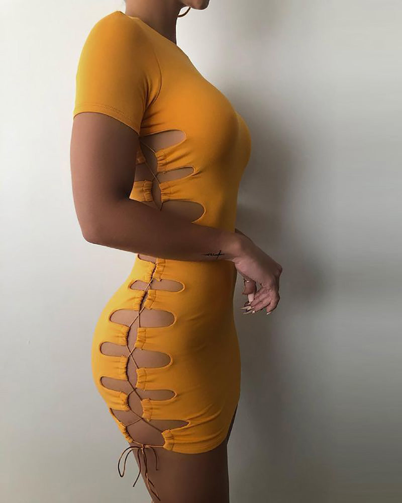 Lace-up Short Sleeve Cutout Bodycon Dress