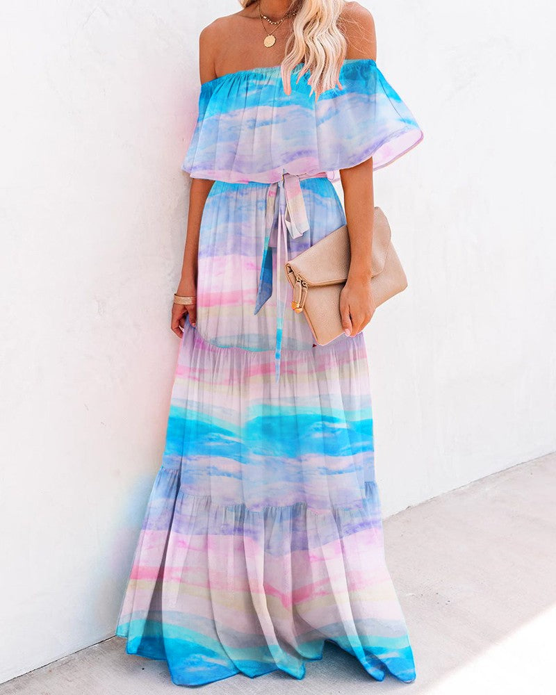 Colorful Off Shoulder Gradient Color Ruffles Maxi Dress