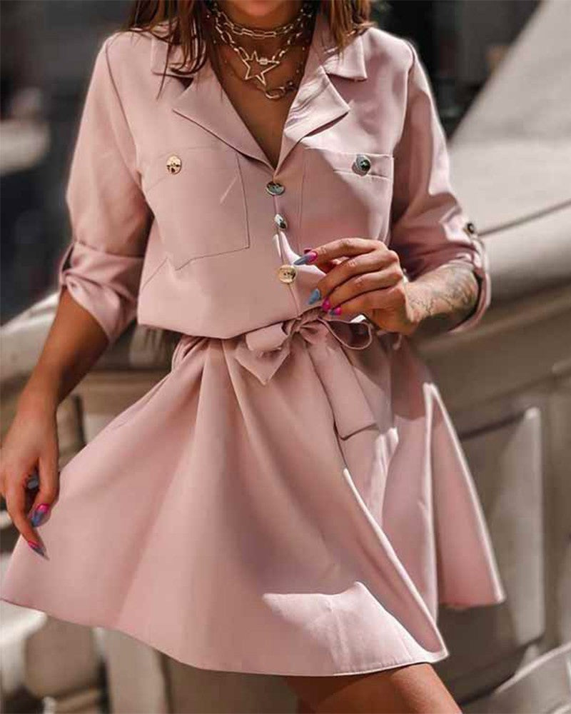 Notched Collar Button Decor Pocket Tie Front Culotte Tweed Dress