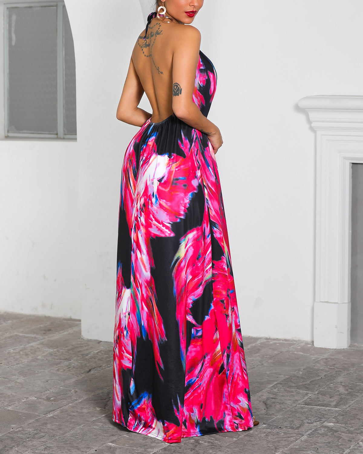 Halter Colorful Print Open Back Maxi Dress Sleeveless Casual Dress Holiday