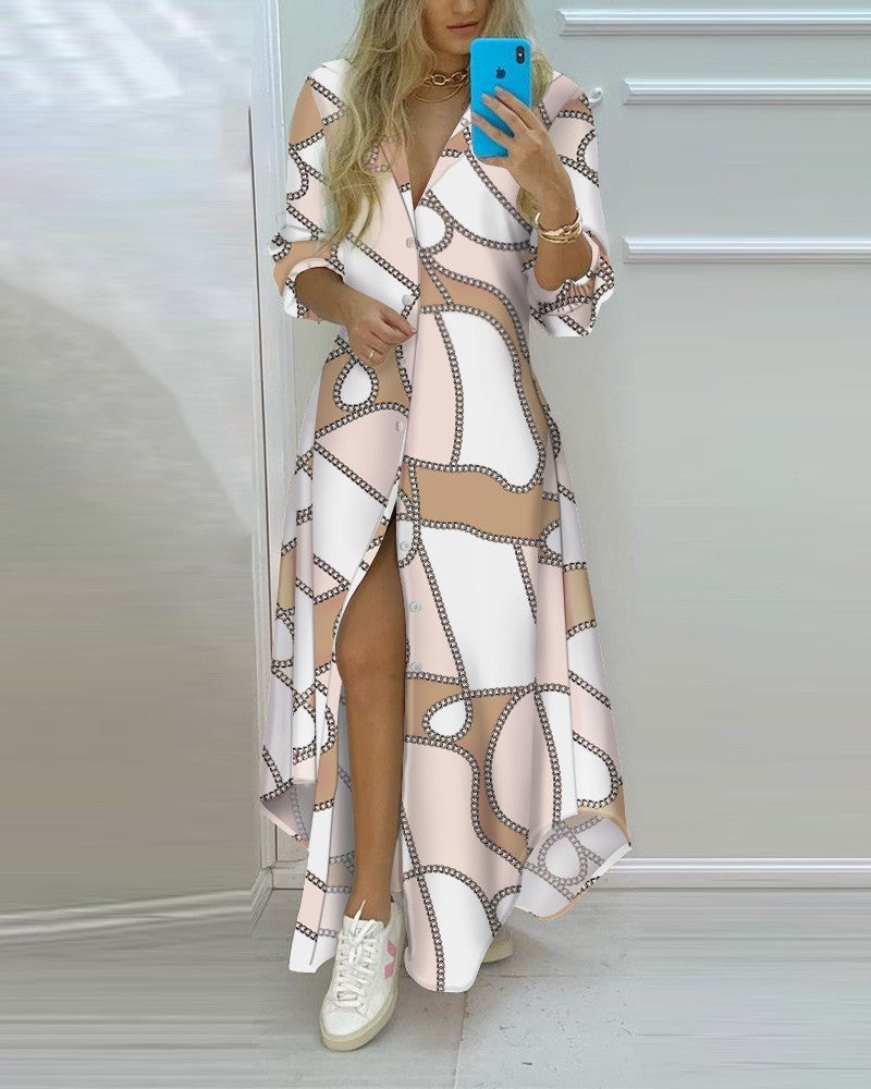 Chain Print Button Front High Slit Shirt Dress