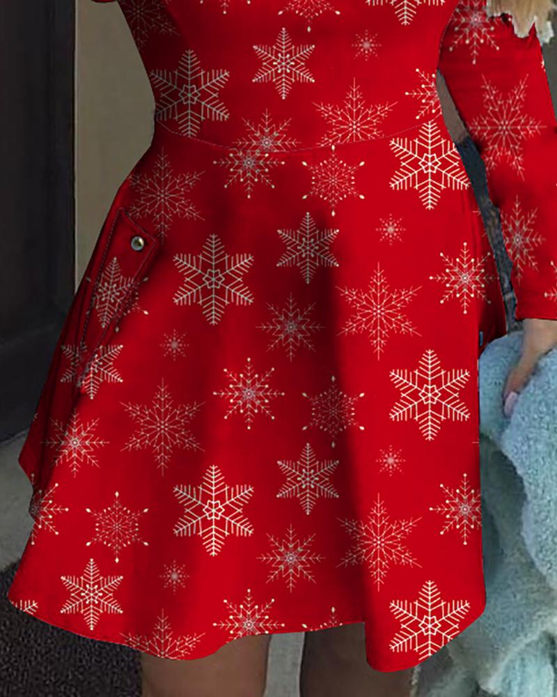 Christmas Snowflake Print Zip Decor Dress1