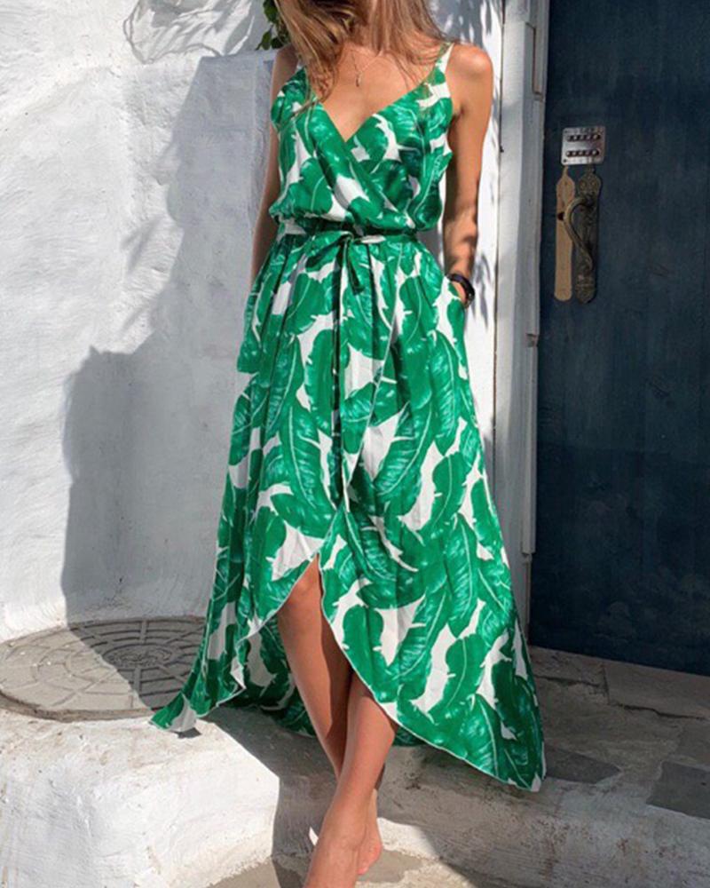 Leaf Print Tie Waist Midi Dress