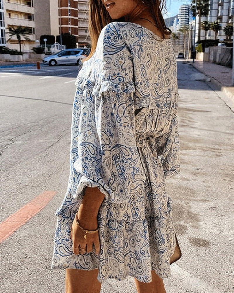 Paisley Print Long Sleeve Frill Hem Ruched Dress