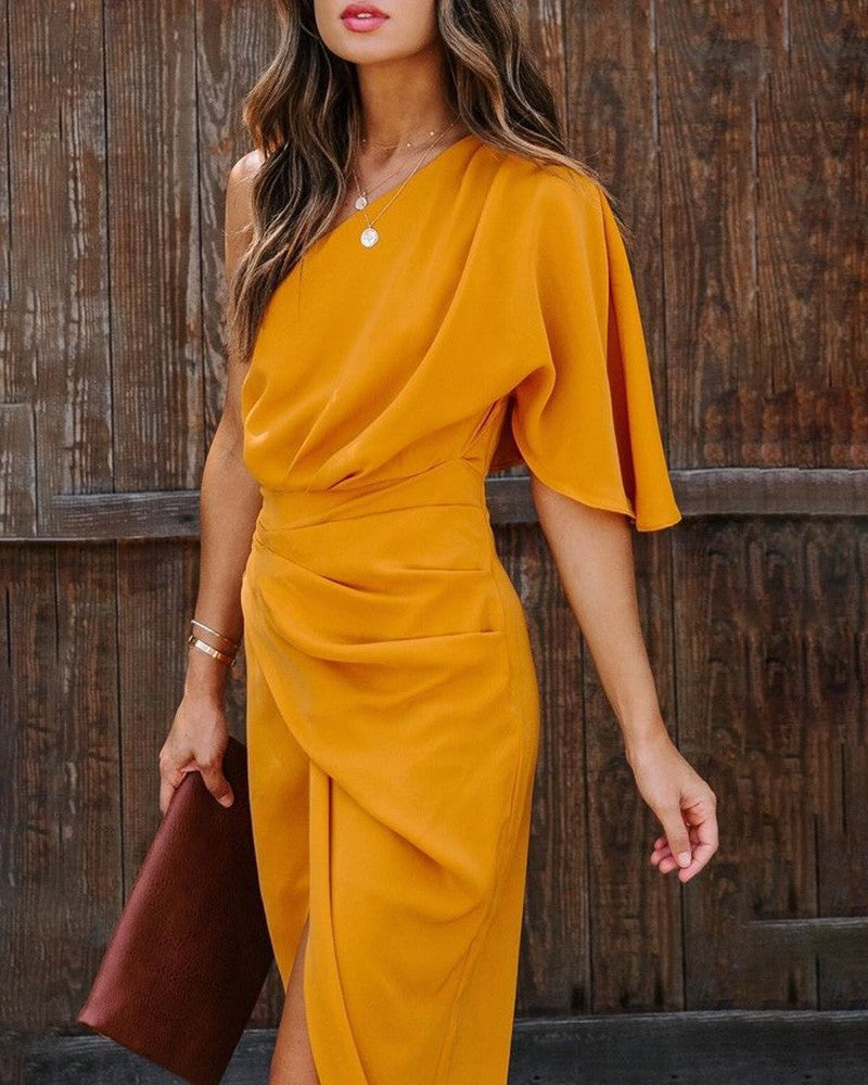 One Shoulder Ruched Bell Sleeve Dress