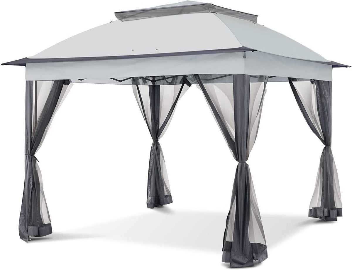 11'x11' Gray Outdoor 2-Tier Vented Canopy Steel Gazebo BBQ Party Tent