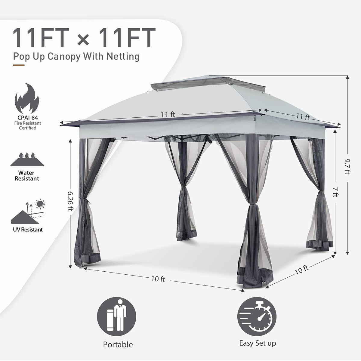 11'x11' Gray Outdoor 2-Tier Vented Canopy Steel Gazebo BBQ Party Tent