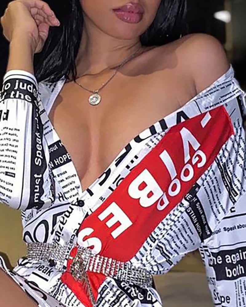 Newspaper Print Long Sleeve Shirt Dress Without Belt