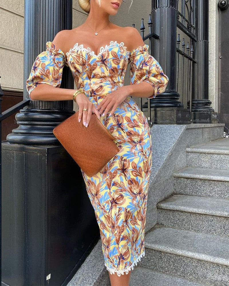 Floral Print Lace Trim Puff Sleeve Dress