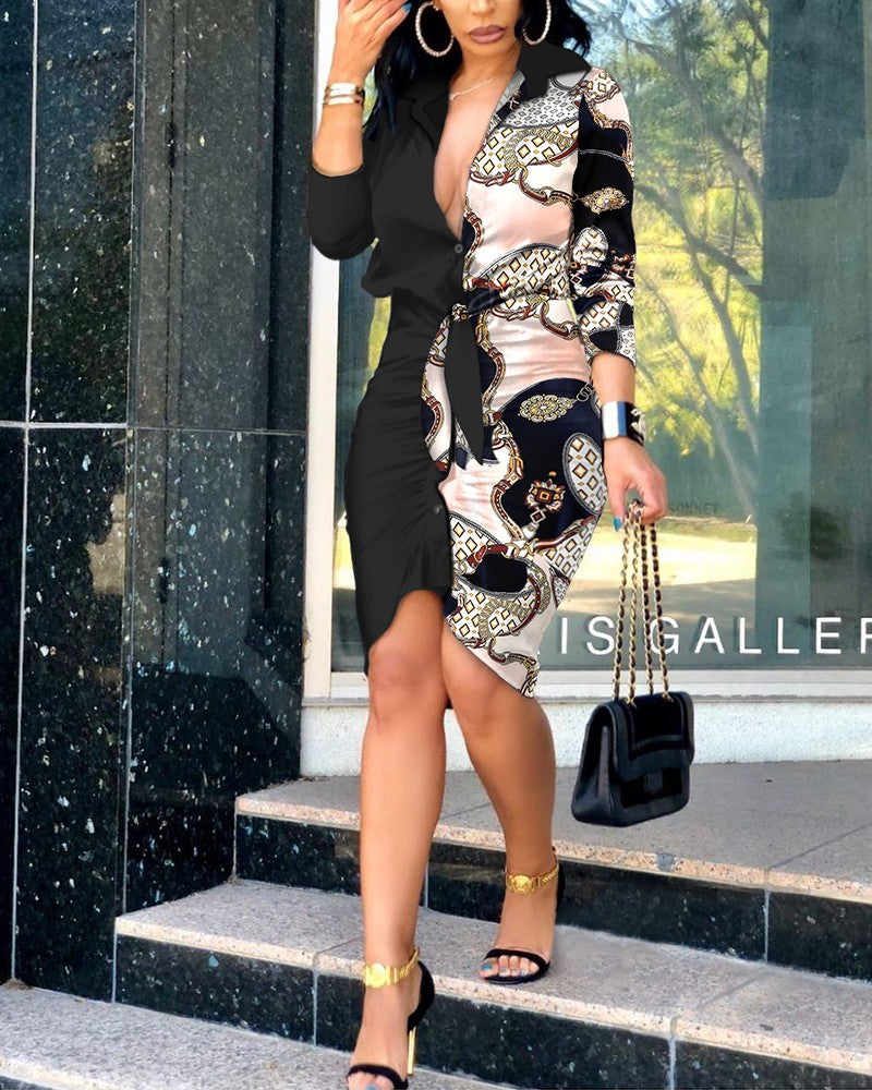 Scarf Print Color Tie Front Shirt Dress