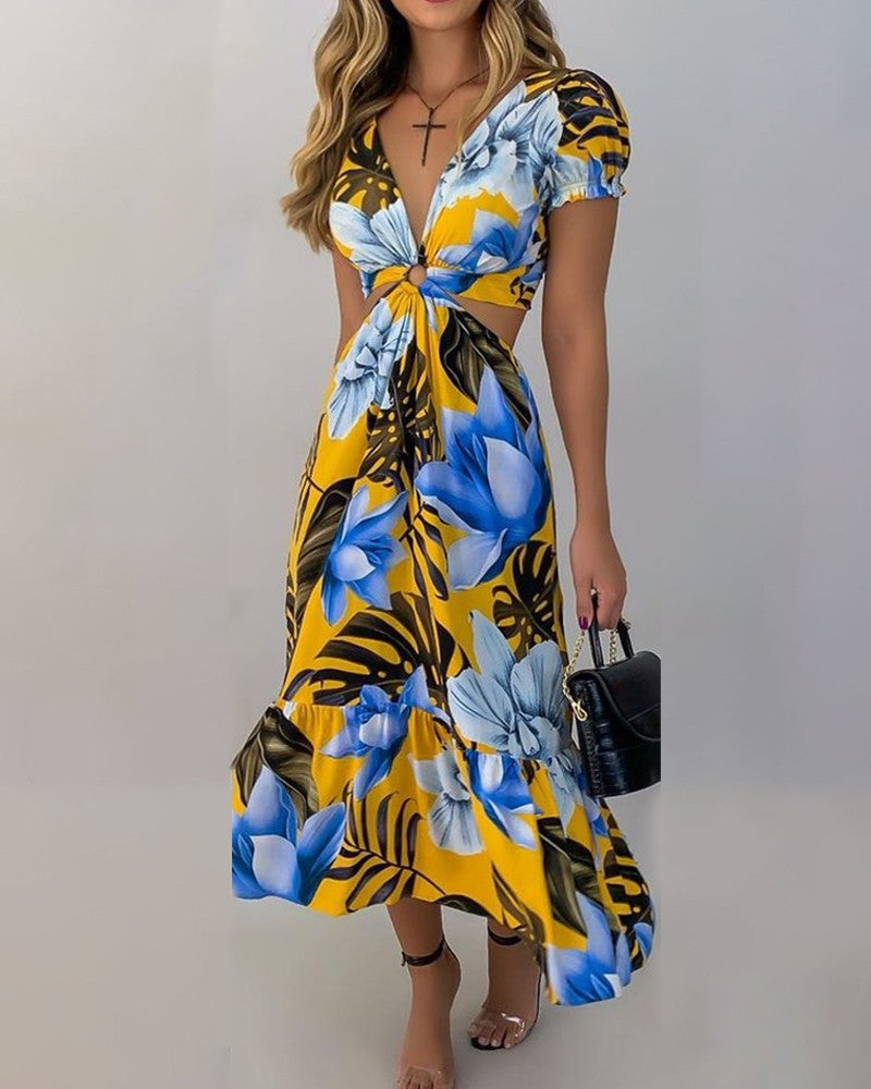 Floral Print Short Sleeve Loose Midi Dress