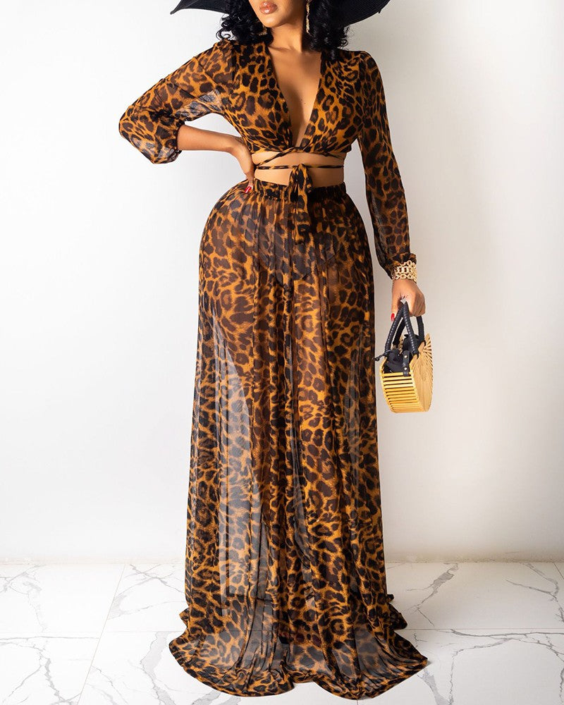 Leopard Print Tied Detail Top & Ruched Skirt Set