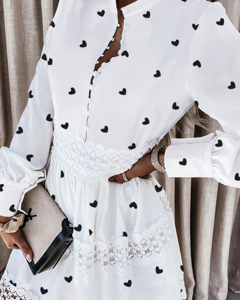 Lace Patch Heart Print Lantern Sleeve Shirt Dress