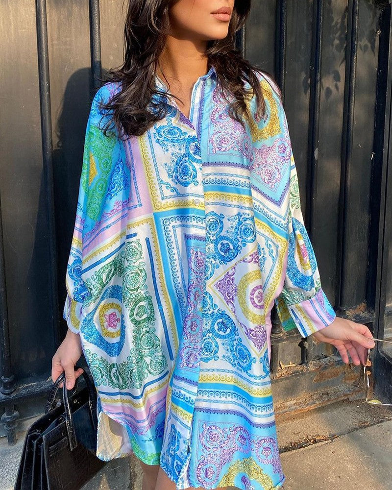Scarf Print Long Sleeve Buttoned Shirt Dress