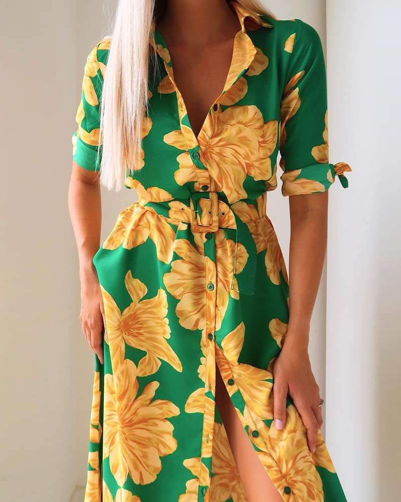Floral Print Button Design Shirt Dress With Belt