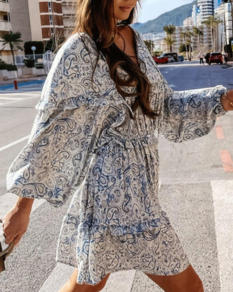 Paisley Print Long Sleeve Frill Hem Ruched Dress
