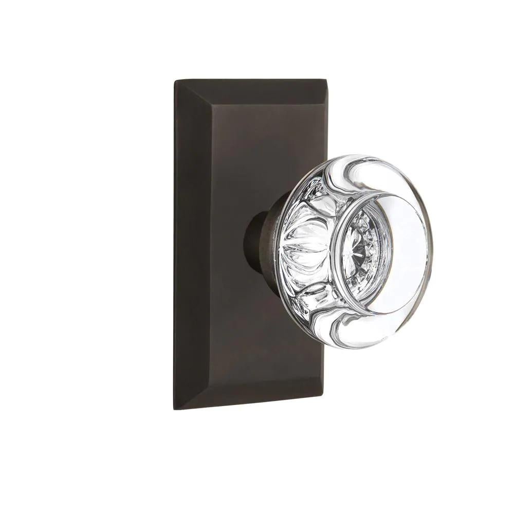 Studio Plate 2-3/8 in. Backset Oil-Rubbed Bronze PassaHall/Closet Round Clear Crystal Glass Door Knob