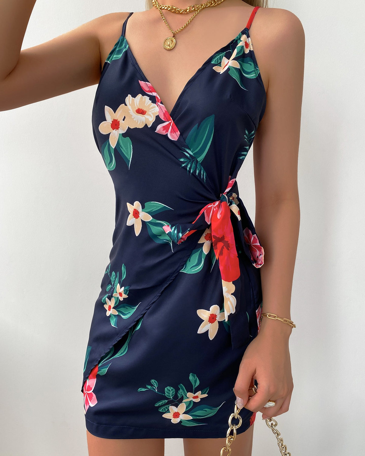 Floral Print V-Neck Wrap Tie Side Cami Dress
